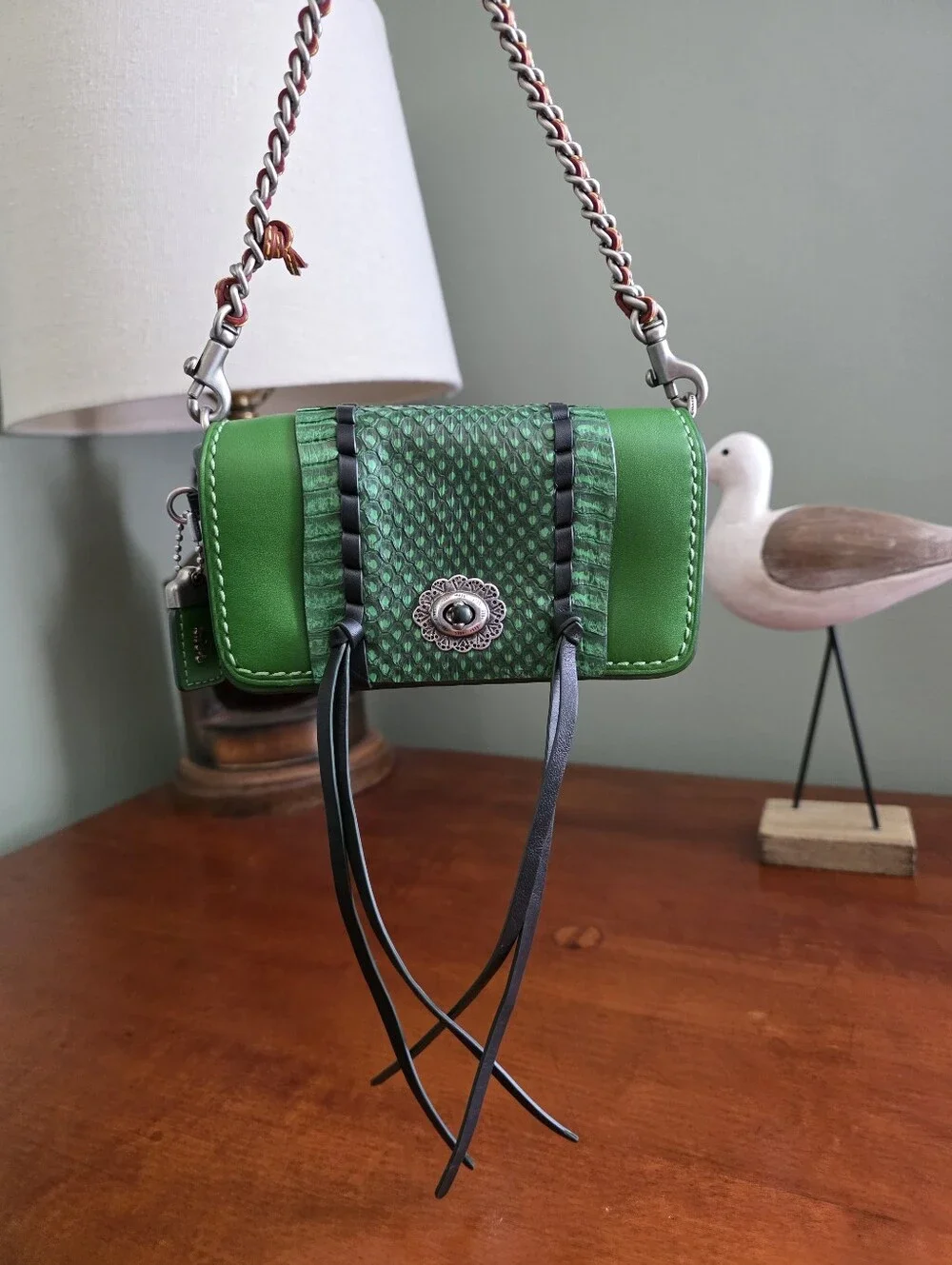 Coach 86819 1941 Dinkier Green Snakeskin Whipstitch Leather Crossbody Bag